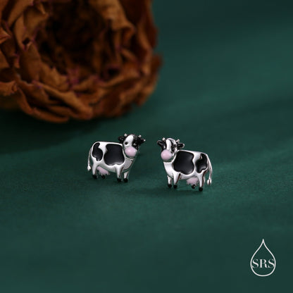 Small Pair of Dairy Cow Stud Earrings in Sterling Silver - Farm Animal Stud Earrings  - Cute,  Fun, Whimsical