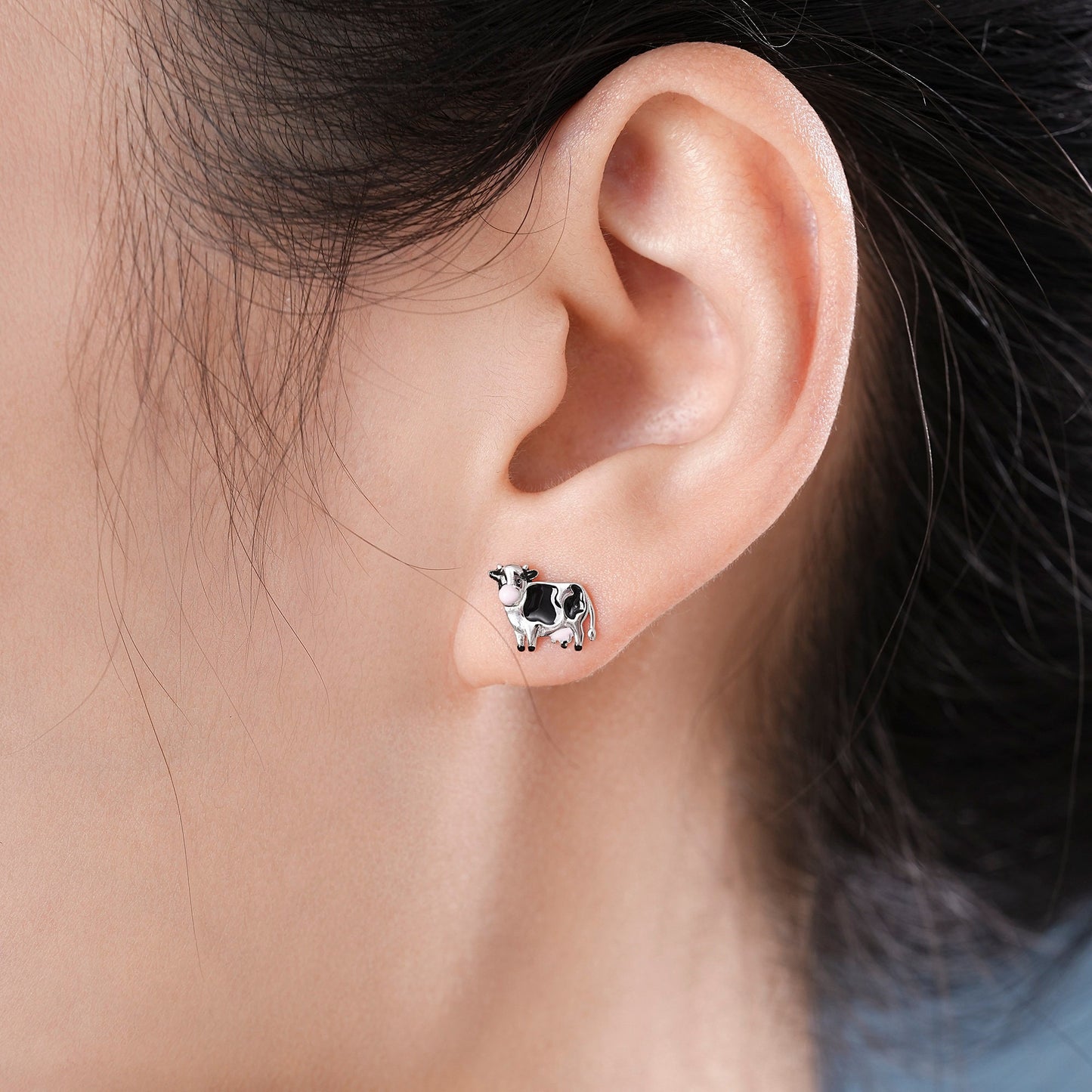 Small Pair of Dairy Cow Stud Earrings in Sterling Silver - Farm Animal Stud Earrings  - Cute,  Fun, Whimsical