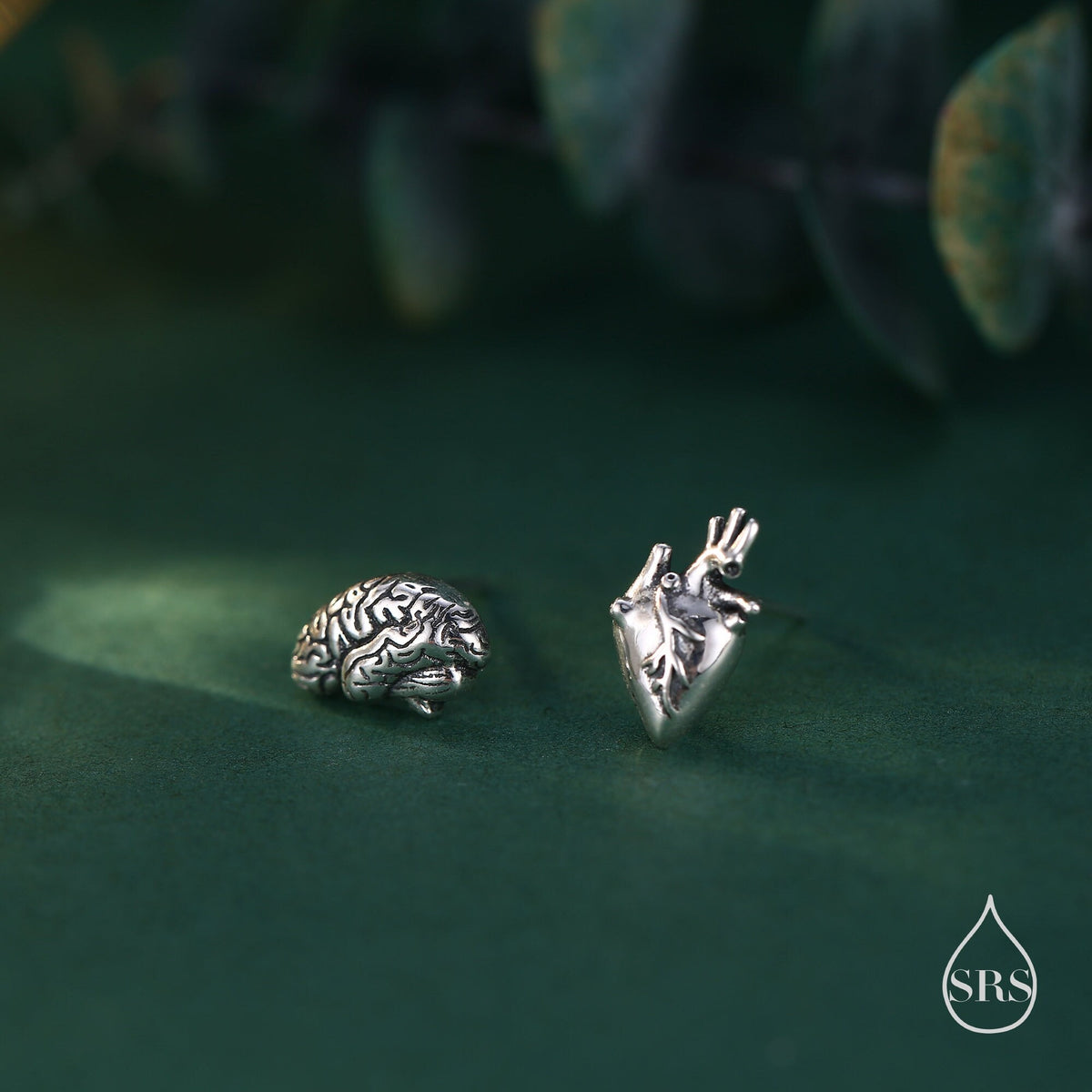 Sterling Silver Anatomical Heart and Brain Mismatched 18G Screw Back Earrings