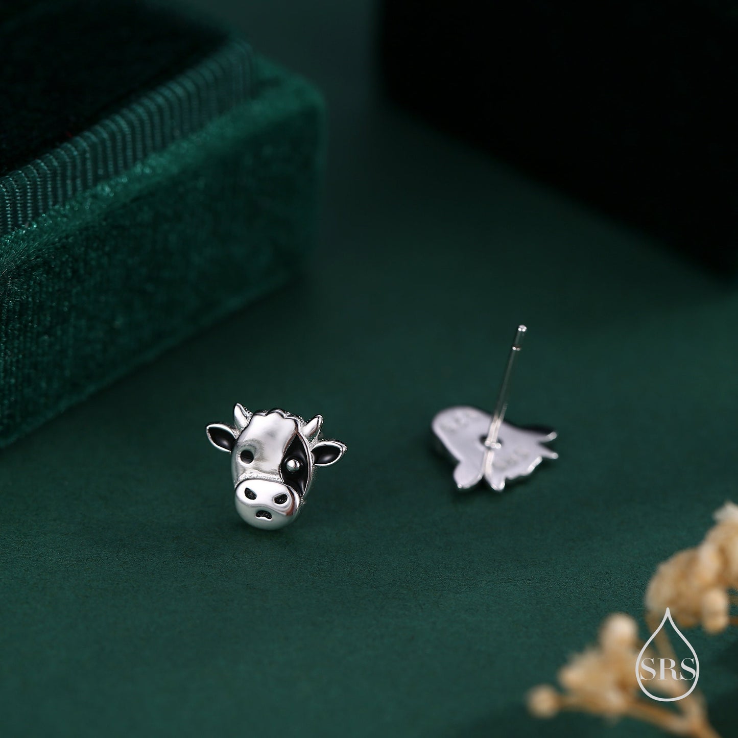 Small Pair of Dairy Cow Stud Earrings in Sterling Silver - Cute Farm Animal Stud Earrings - Cute, Fun, Whimsical