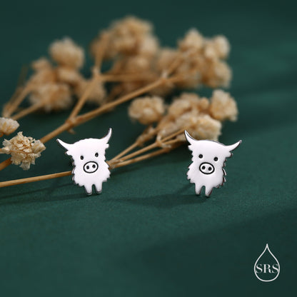 Baby Highland Cow Stud Earrings in Sterling Silver, Silver or Gold or Rose Gold, Cute Bull Earrings, Cow Earrings, Scottish Design