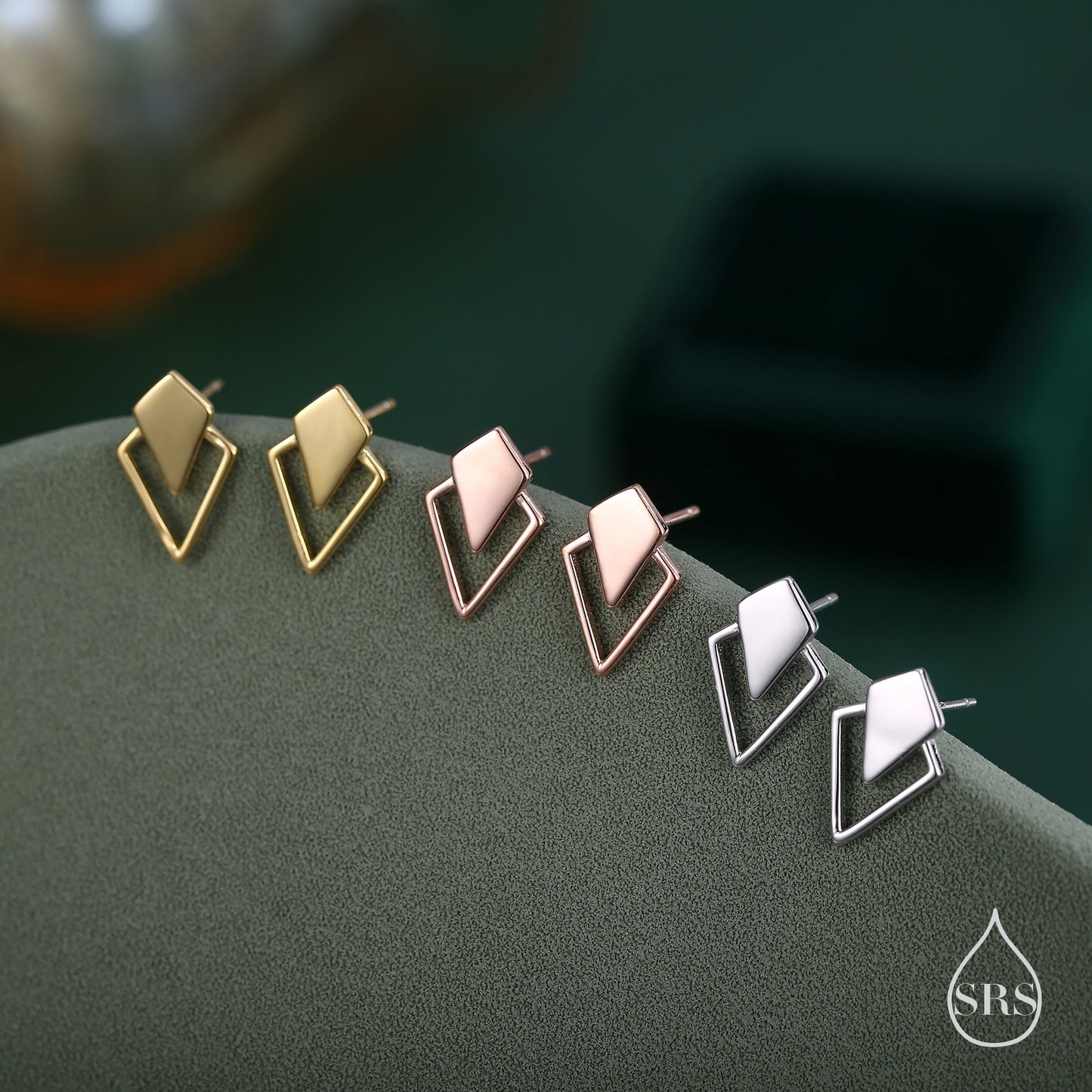 Art Deco Inspired Small Rhombus Stud Earrings in Sterling Silver, Silver or Gold or Rose Gold, Tiny and Delicate Triangle Rhombus Earrings