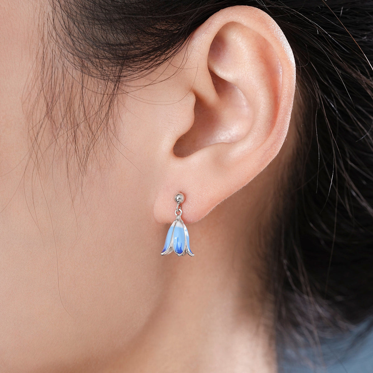 Sterling Silver Enamel Bluebell Flower Drop Stud Earrings, Dainty Dangle Bluebell Flower Earrings, Snowdrop Earrings, Spring Flowers