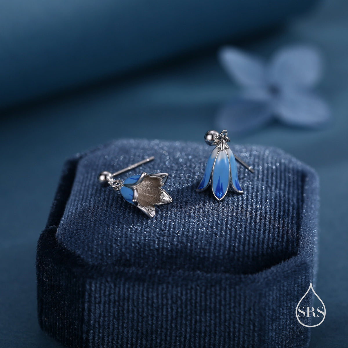 Sterling Silver Enamel Bluebell Flower Drop Stud Earrings, Dainty Dangle Bluebell Flower Earrings, Snowdrop Earrings, Spring Flowers