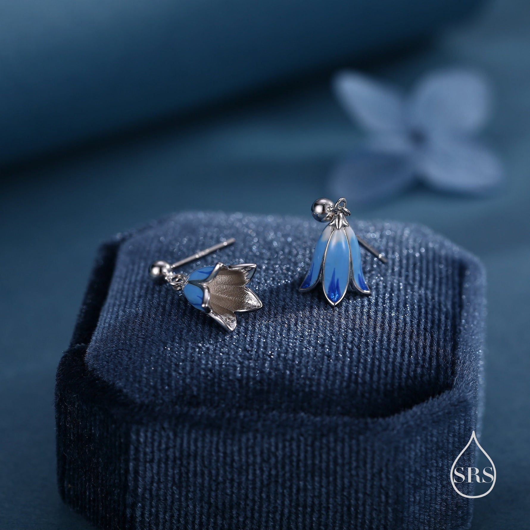Sterling Silver Enamel Bluebell Flower Drop Stud Earrings, Dainty Dangle Bluebell Flower Earrings, Snowdrop Earrings, Spring Flowers