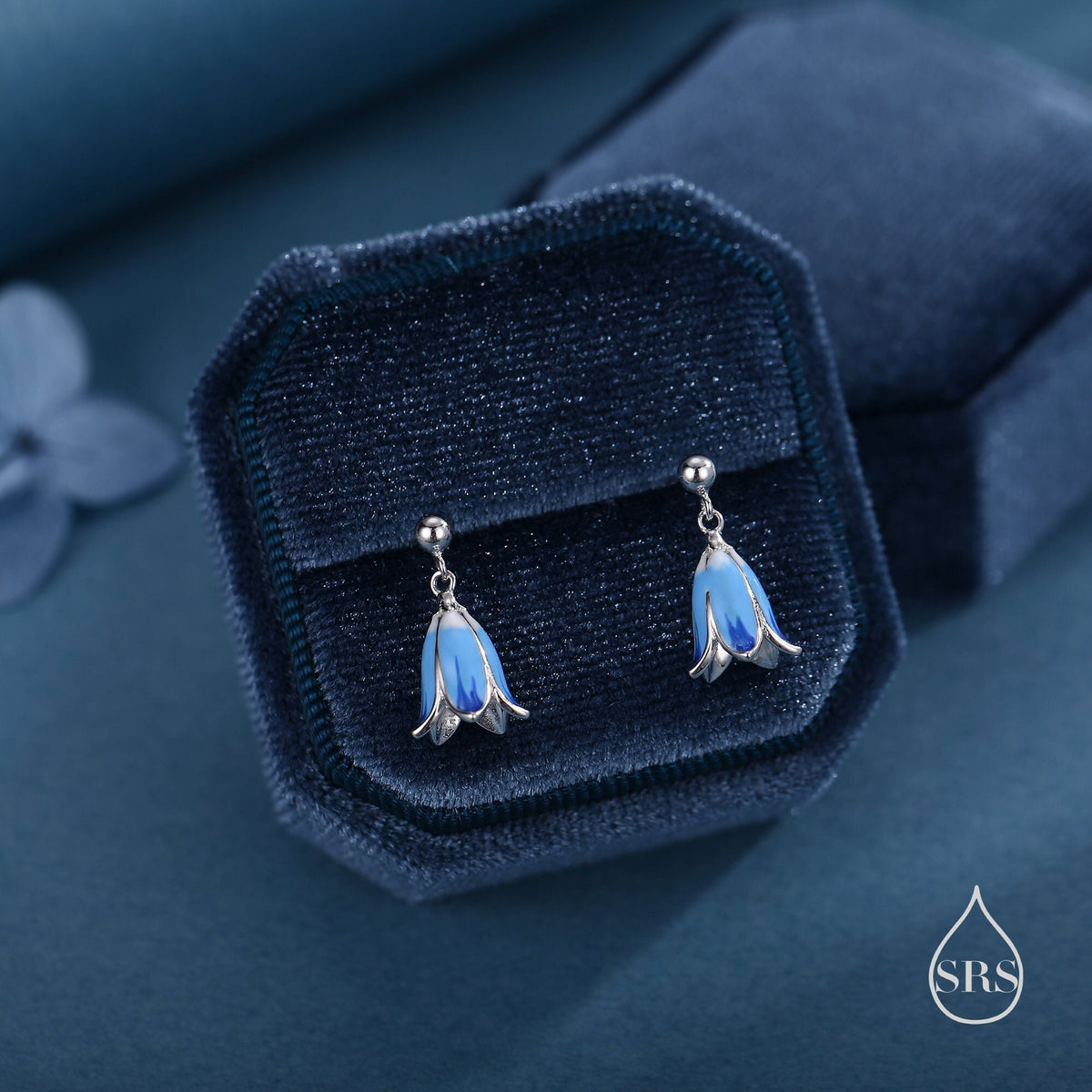 Sterling Silver Enamel Bluebell Flower Drop Stud Earrings, Dainty Dangle Bluebell Flower Earrings, Snowdrop Earrings, Spring Flowers