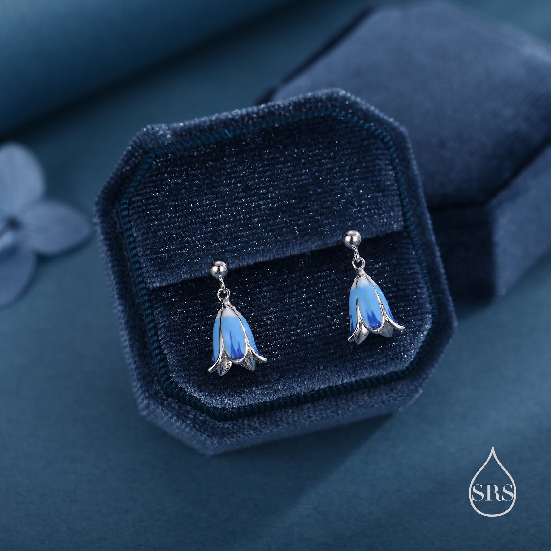Sterling Silver Enamel Bluebell Flower Drop Stud Earrings, Dainty Dangle Bluebell Flower Earrings, Snowdrop Earrings, Spring Flowers
