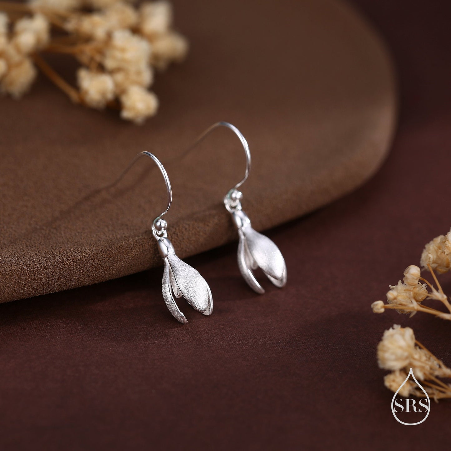 Delicate Snowdrop Flower Drop Hook Earrings in Sterling Silver, Silver and Gold, Nature Inspired Flower Earrings, January Birth Flower