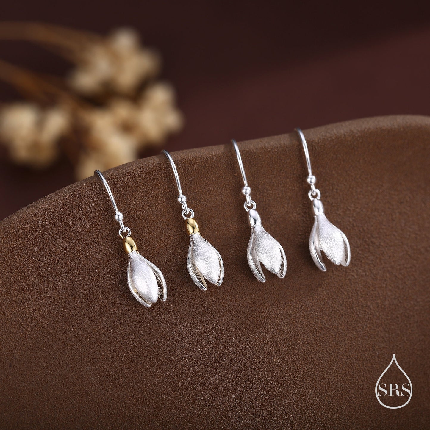 Delicate Snowdrop Flower Drop Hook Earrings in Sterling Silver, Silver and Gold, Nature Inspired Flower Earrings, January Birth Flower