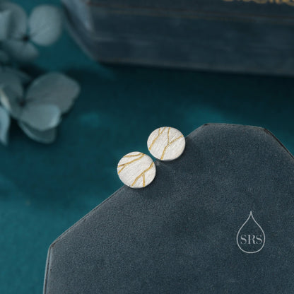 Japanese Kintsugi Inspired Disk Stud Earrings in Sterling Silver, Brushed Texture, Kintsugi - Art of Embracing of the Flawed or Imperfect