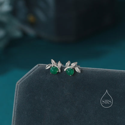 Tiny Leaf with Natural Green Onyx Stud Earrings in Sterling Silver, Silver, Gold or Rose Gold, Small Olive Leaf Stud, Leaf Earrings