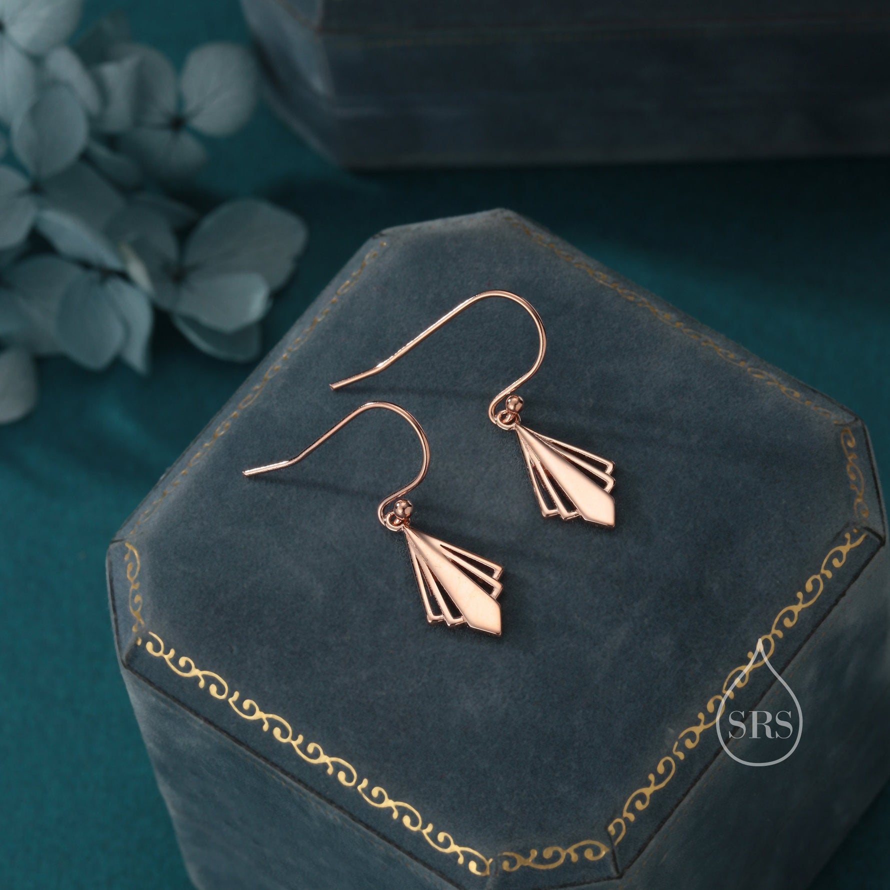 Art Deco Inspired Small Rhombus Drop Earrings in Sterling Silver, Silver or Gold or Rose Gold, Delicate Triangle Rhombus Earrings