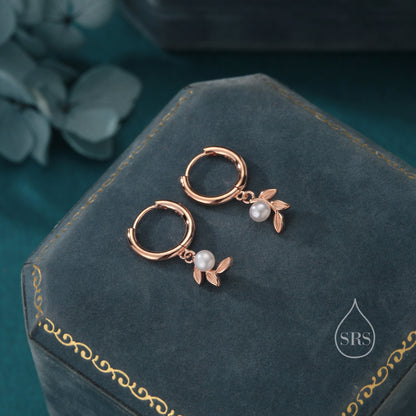 Tiny Leaf and Natural Pearl Huggie Hoop Earrings in Sterling Silver, Silver or Gold or Rose Gold, Genuine Freshwater Pearl Leaf Hoops