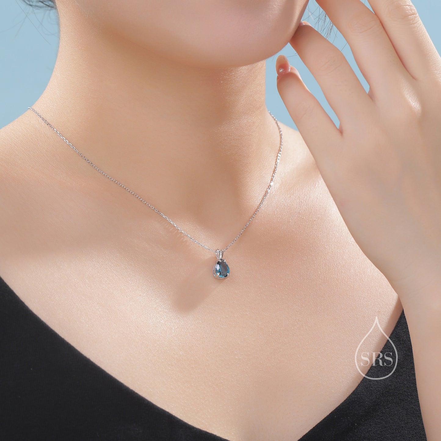 London Blue Pear Cut CZ Necklace in Sterling Silver, 7 x 9mm, Dark Blue Droplet necklace, Diamond CZ, September Birthstone