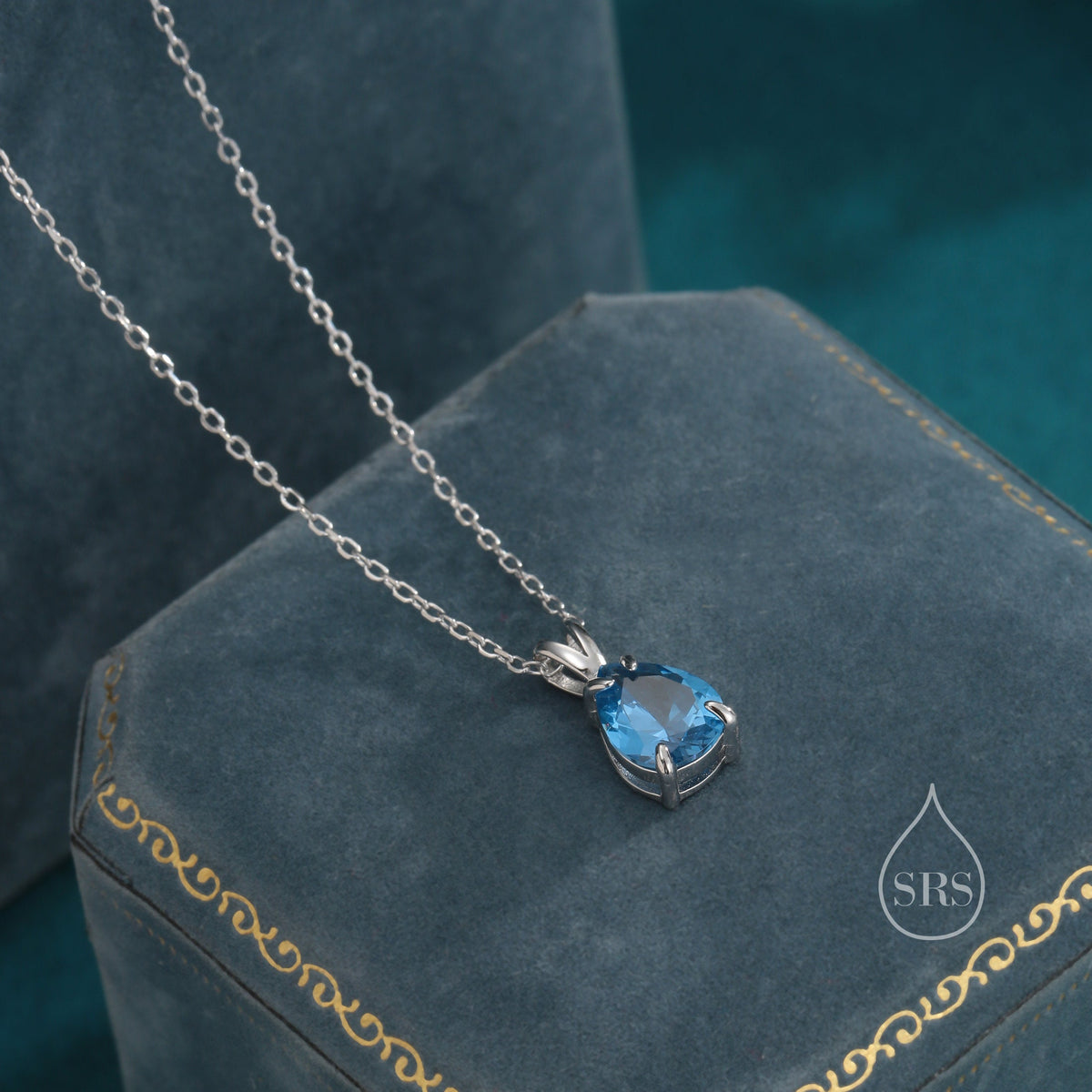 Aquamarine Blue CZ Pear Cut Pendant Necklace in Sterling Silver, 7 x 9mm, Blue Droplet necklace, Diamond CZ