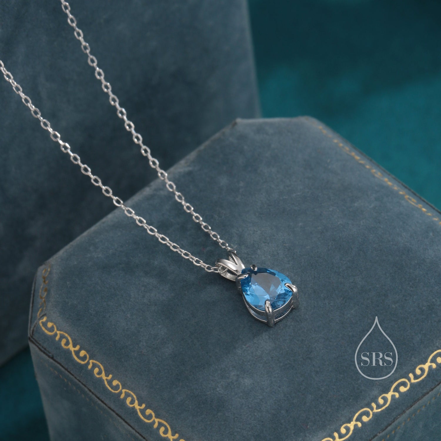 Aquamarine Blue CZ Pear Cut Pendant Necklace in Sterling Silver, 7 x 9mm, Blue Droplet necklace, Diamond CZ