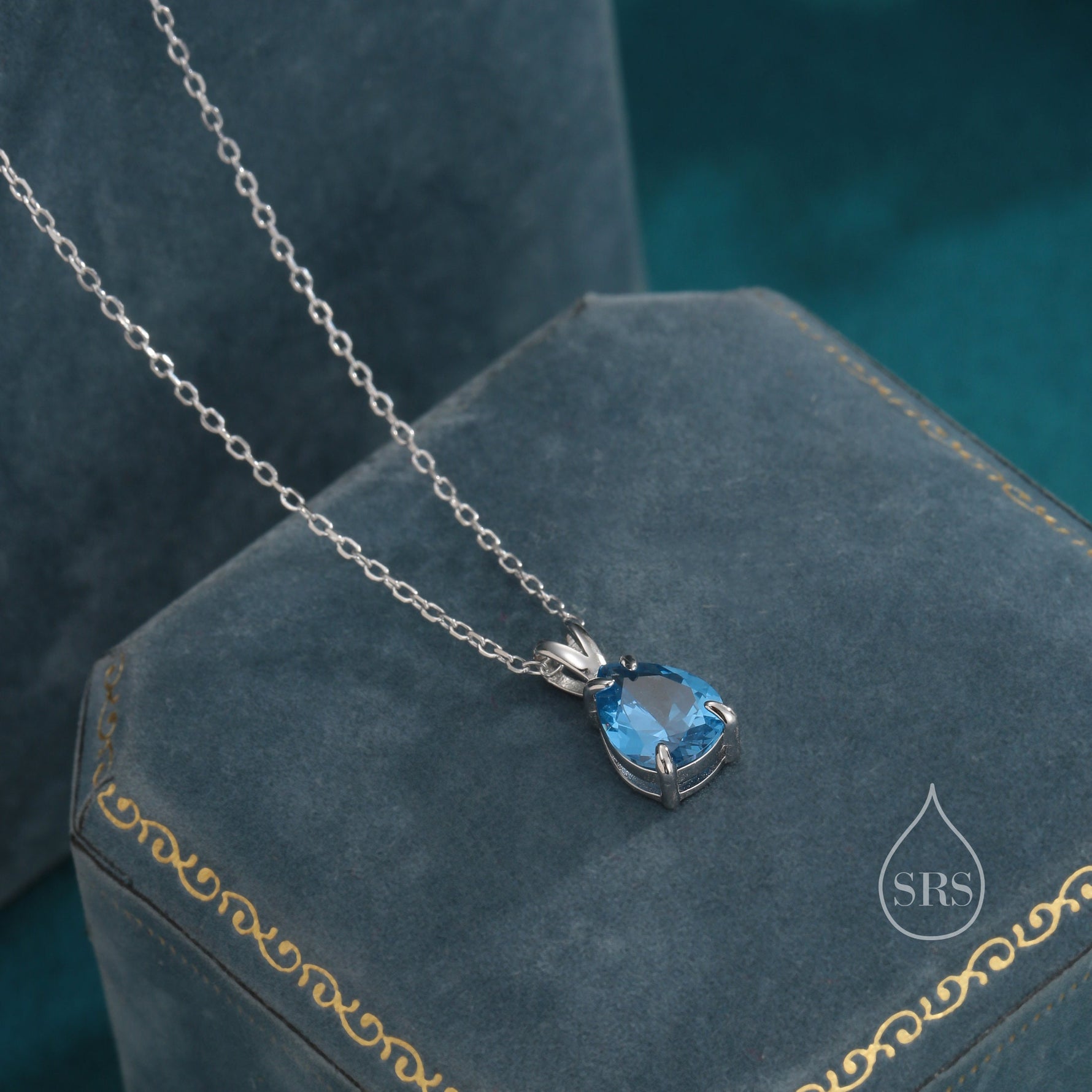 Aquamarine Blue CZ Pear Cut Pendant Necklace in Sterling Silver, 7 x 9mm, Blue Droplet necklace, Diamond CZ