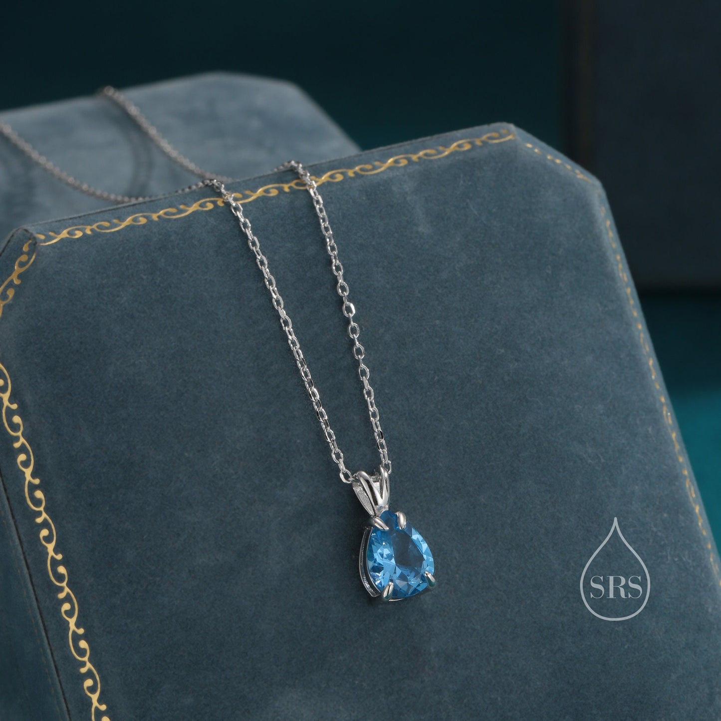 Aquamarine Blue CZ Pear Cut Pendant Necklace in Sterling Silver, 7 x 9mm, Blue Droplet necklace, Diamond CZ