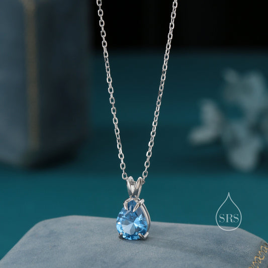 Aquamarine Blue CZ Pear Cut Pendant Necklace in Sterling Silver, 7 x 9mm, Blue Droplet necklace, Diamond CZ