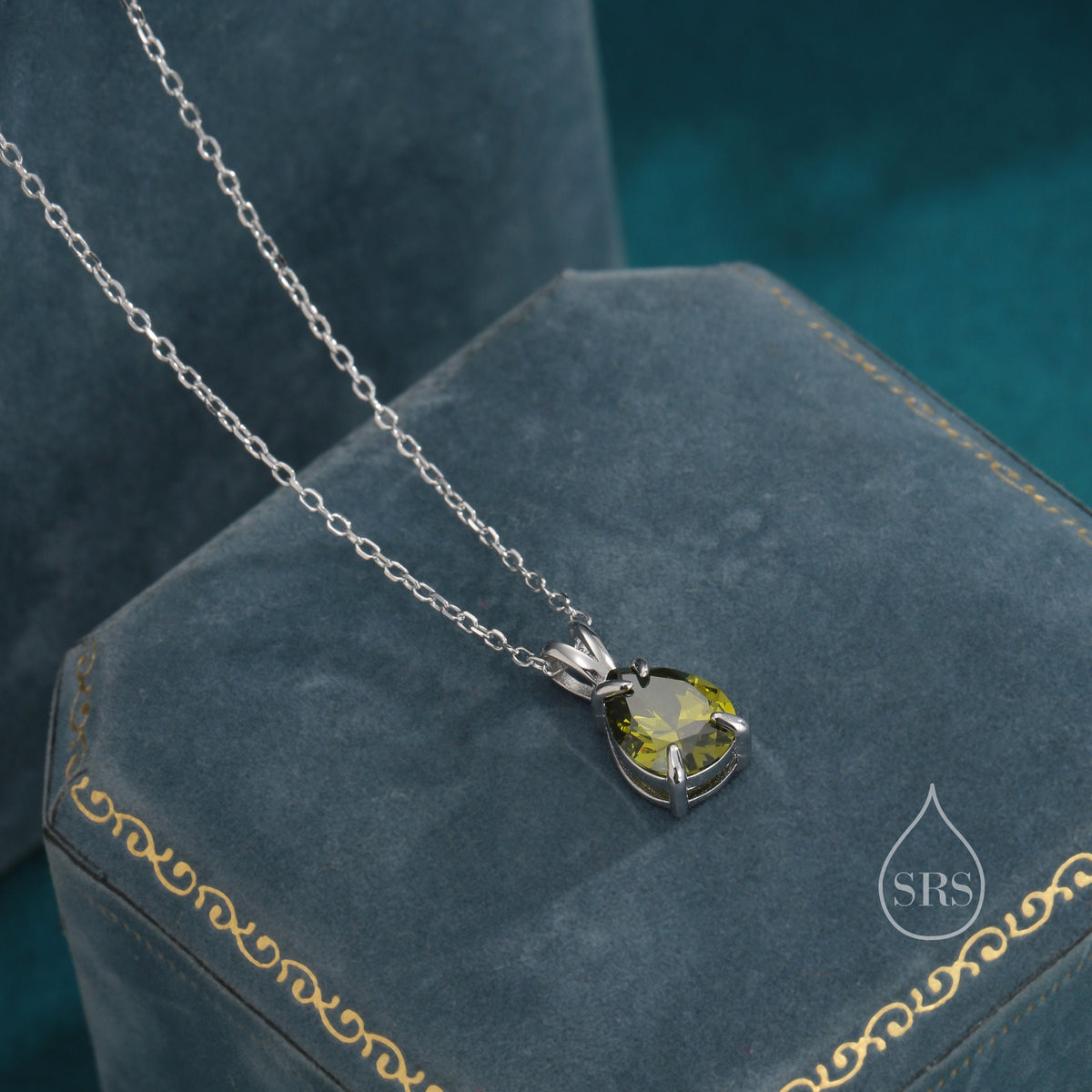 Olive Green CZ Pear Cut Pendant Necklace in Sterling Silver, 7 x 9mm, Green Droplet necklace, Diamond CZ