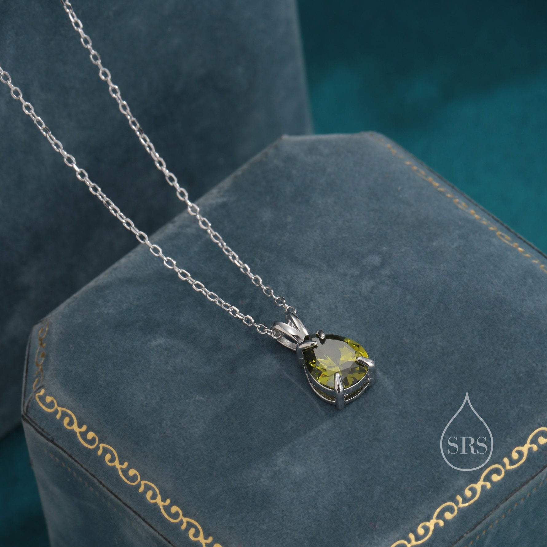 Olive Green CZ Pear Cut Pendant Necklace in Sterling Silver, 7 x 9mm, Green Droplet necklace, Diamond CZ