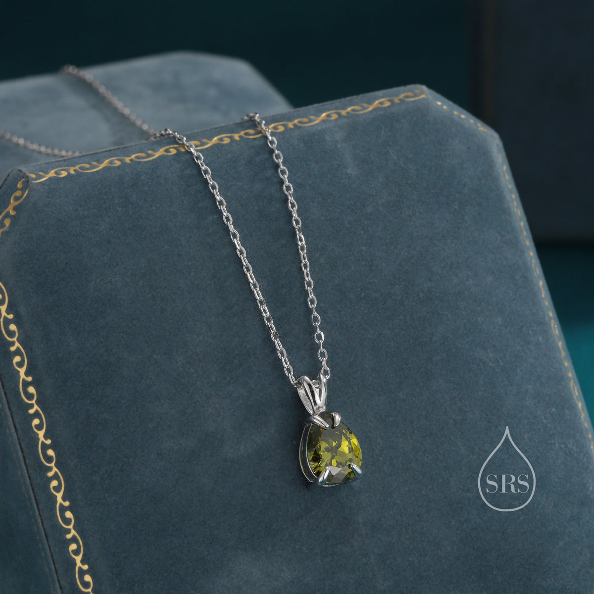 Olive Green CZ Pear Cut Pendant Necklace in Sterling Silver, 7 x 9mm, Green Droplet necklace, Diamond CZ