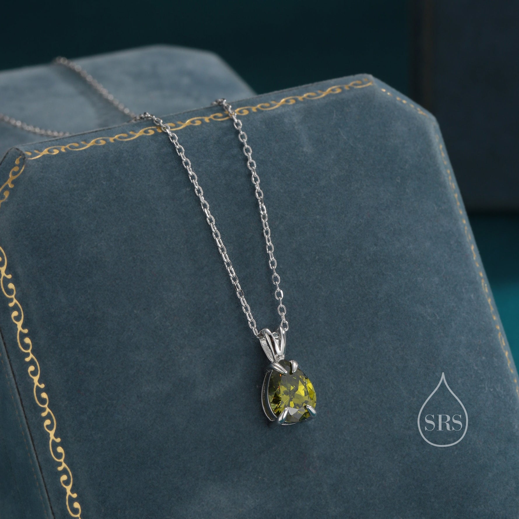 Olive Green CZ Pear Cut Pendant Necklace in Sterling Silver, 7 x 9mm, Green Droplet necklace, Diamond CZ