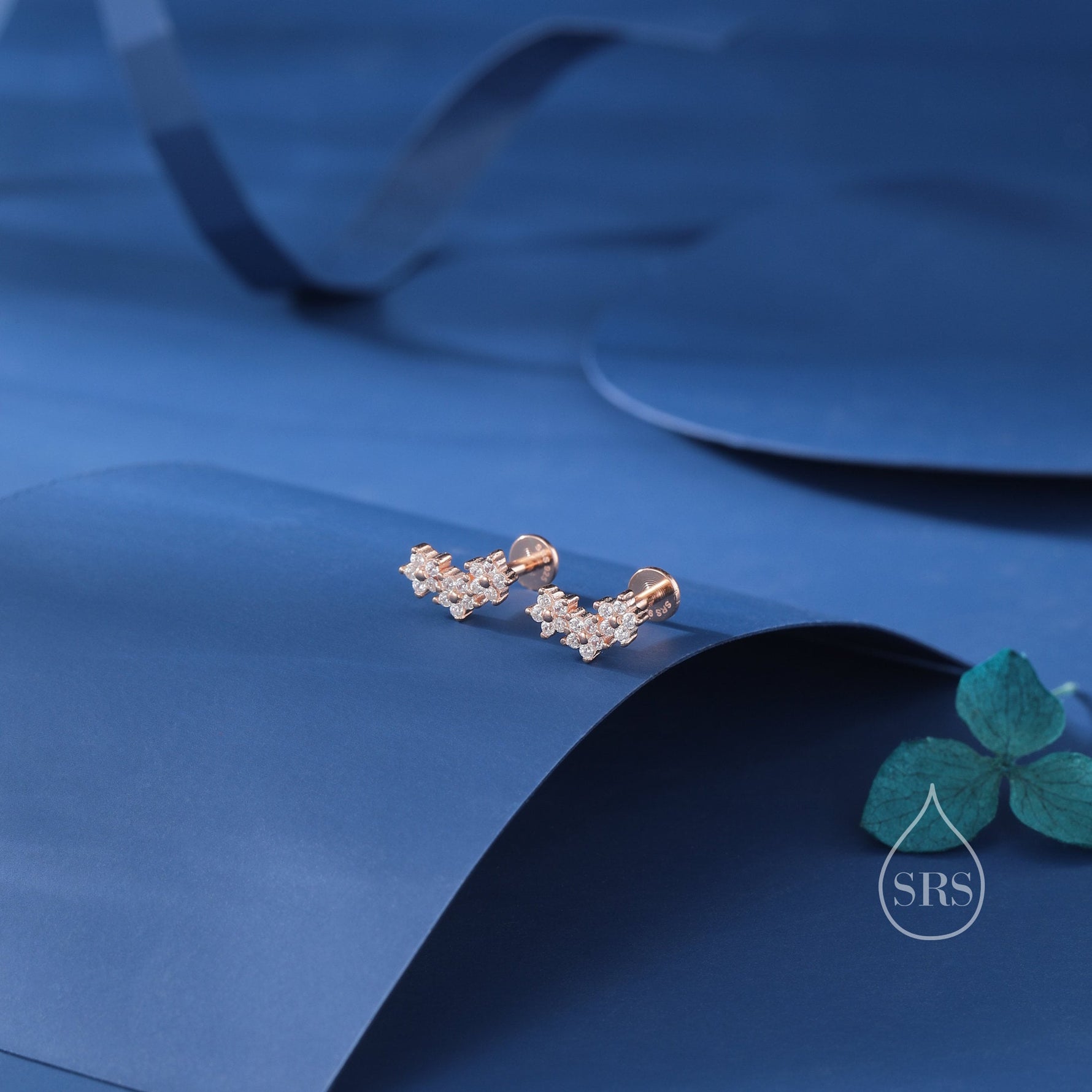 CZ Forget Me Not 16G Internally Threaded Flat Back Earrings in Sterling Silver