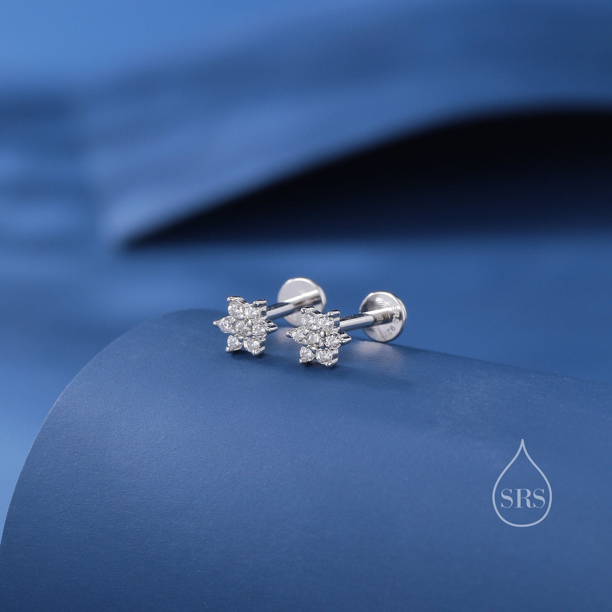 Dainty Flower CZ 16G Internally Threaded Flat Back Earrings in Sterling Silver