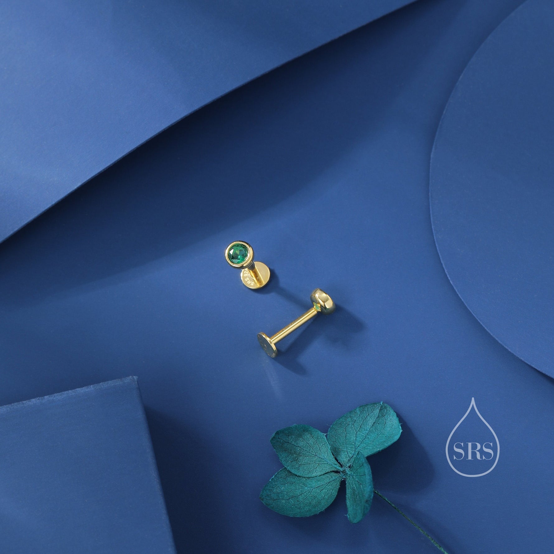 Green CZ Bezel Internally Threaded Flat Back Earrings in Sterling Silver, Silver or Gold, CZ Barbell Earrings
