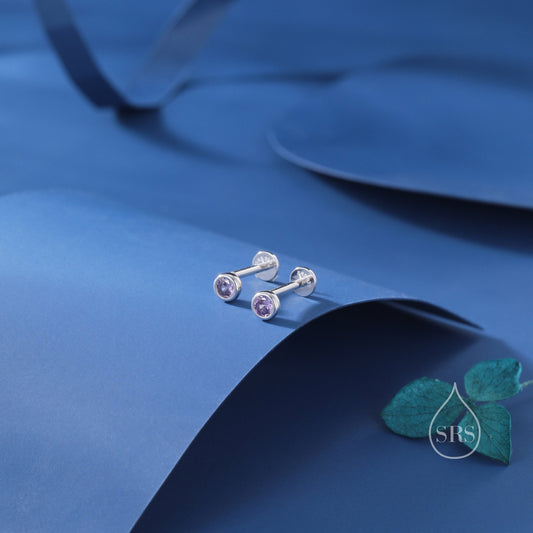 Amethyst Purple CZ Bezel Internally Threaded Flat Back Earrings in Sterling Silver, Silver or Gold