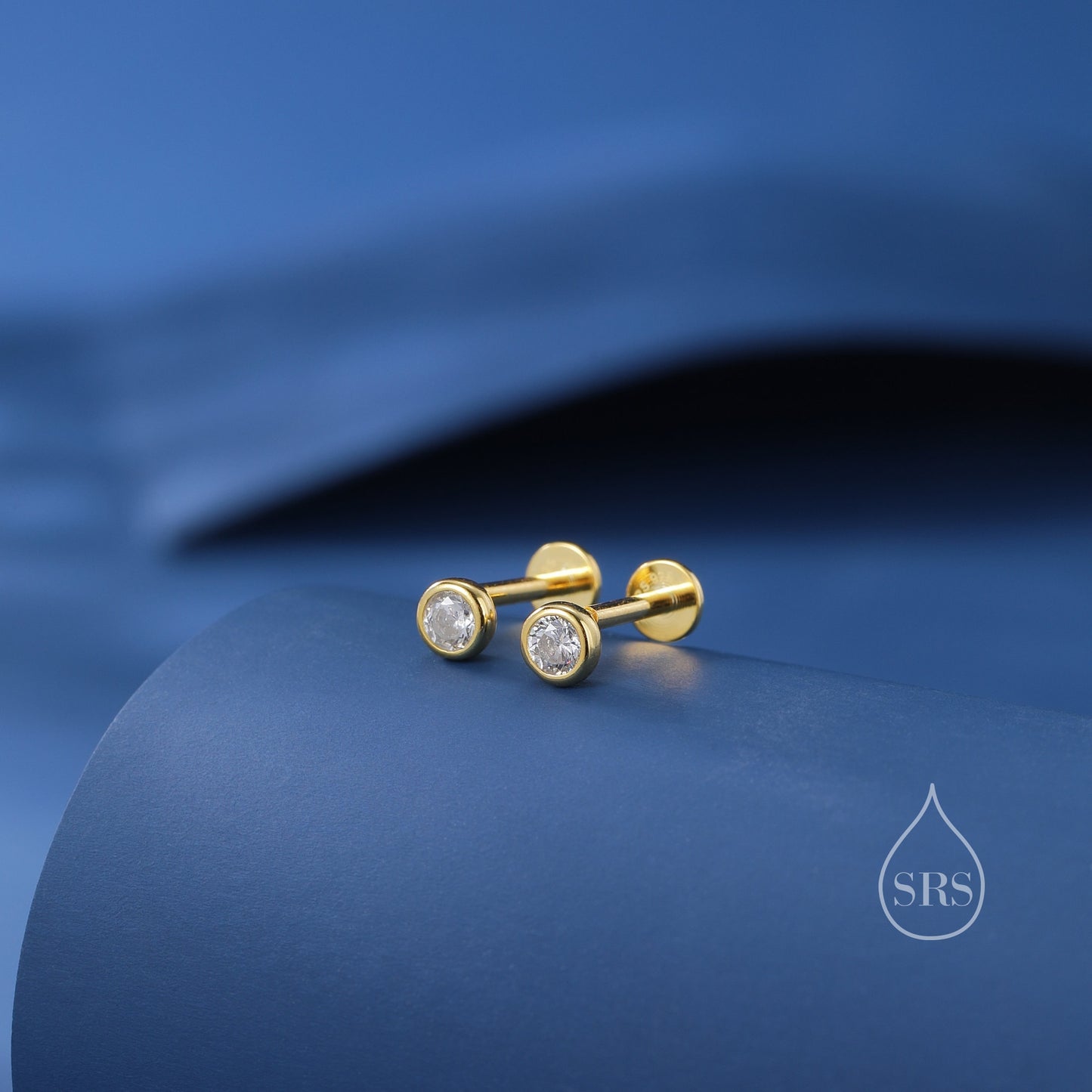 Clear CZ Bezel Internally Threaded Flat Back Earrings in Sterling Silver, Silver, Gold or Rose Gold