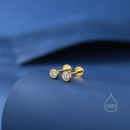 Clear CZ Bezel Internally Threaded Flat Back Earrings in Sterling Silver, Silver, Gold or Rose Gold