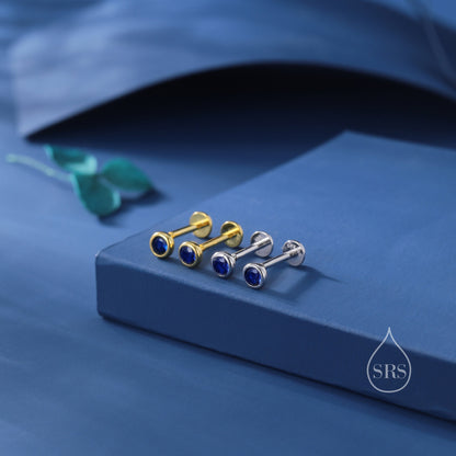 Sapphire Blue CZ Bezel Internally Threaded Flat Back Earrings in Sterling Silver, Silver or Gold