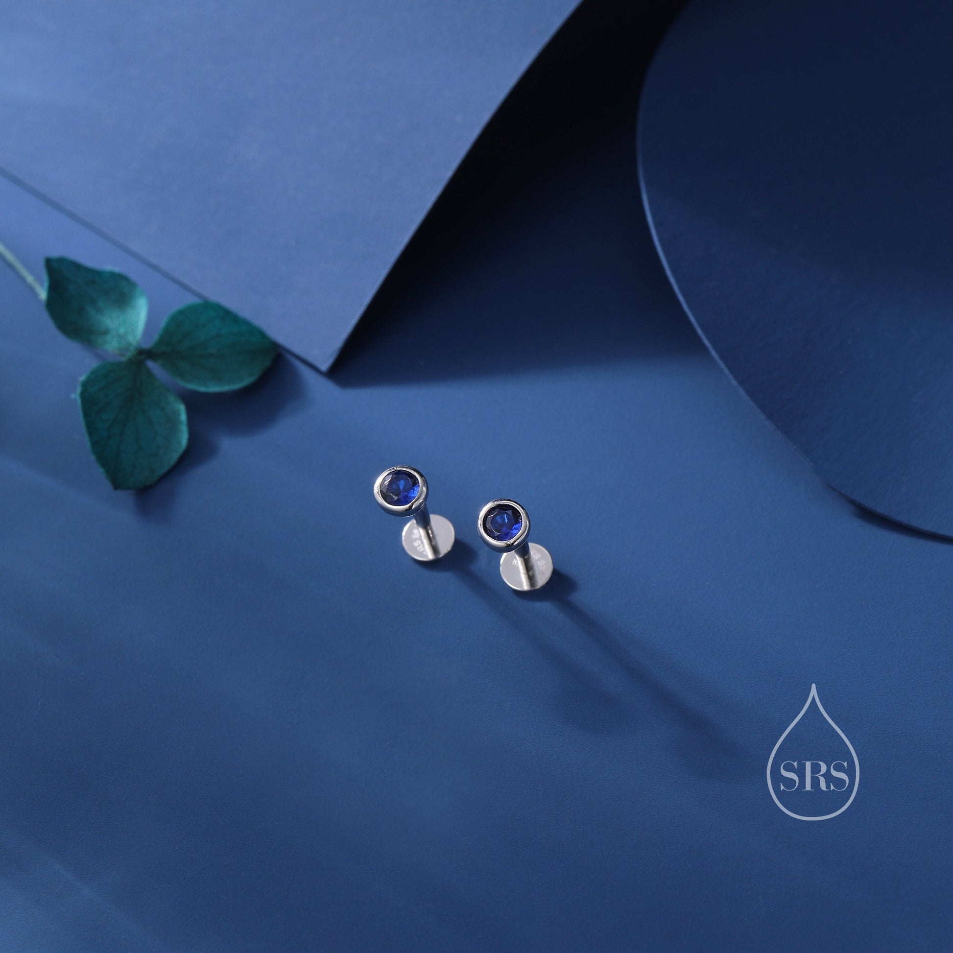 Sapphire Blue CZ Bezel Internally Threaded Flat Back Earrings in Sterling Silver, Silver or Gold