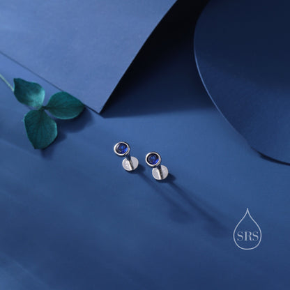 Sapphire Blue CZ Bezel Internally Threaded Flat Back Earrings in Sterling Silver, Silver or Gold