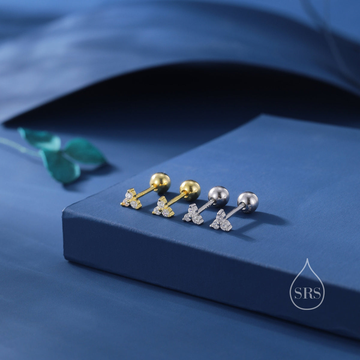Very Tiny Three Dot Trio 18G Screw Back Earrings in Sterling Silver with Sparkly CZ Crystals