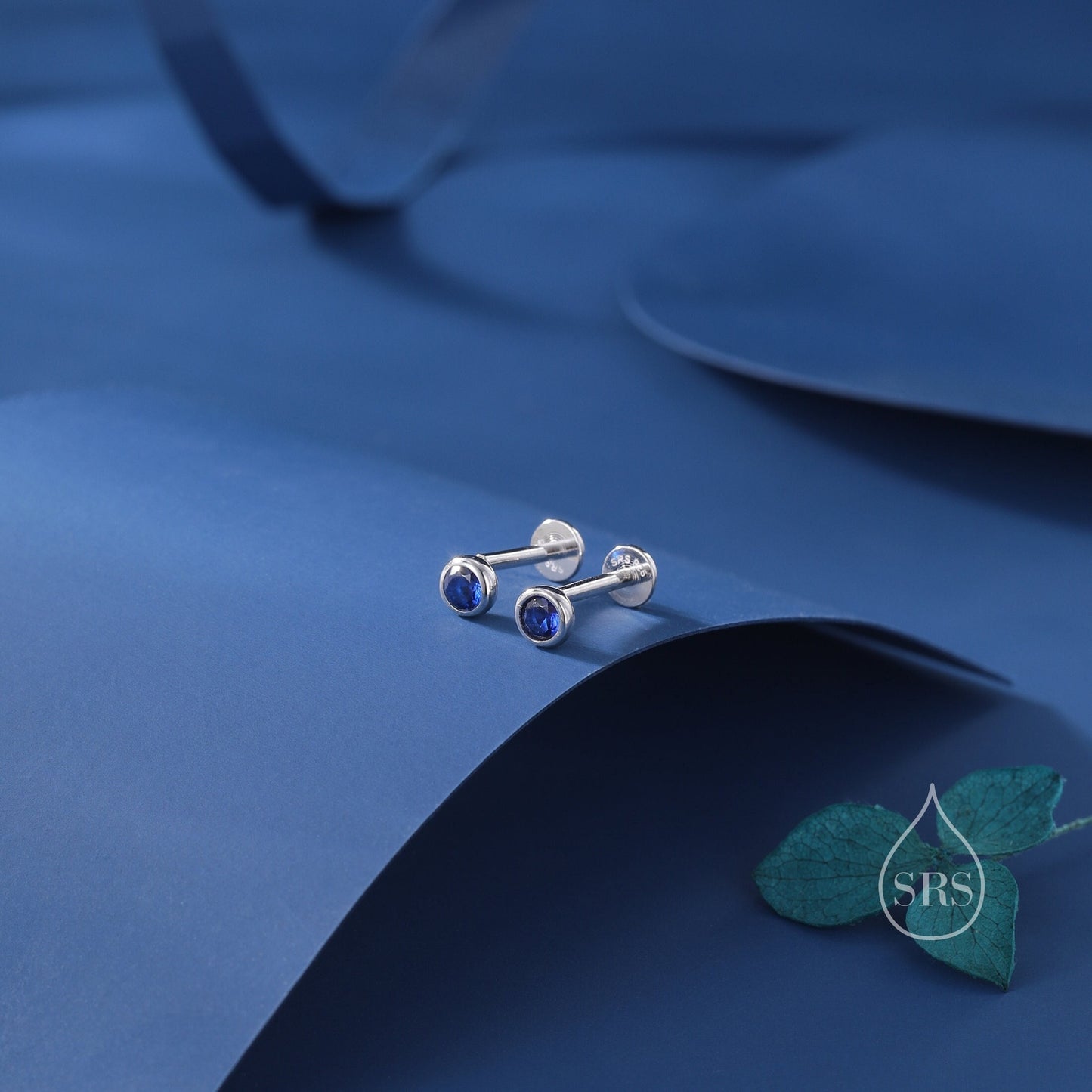 Sapphire Blue CZ Bezel Internally Threaded Flat Back Earrings in Sterling Silver, Silver or Gold