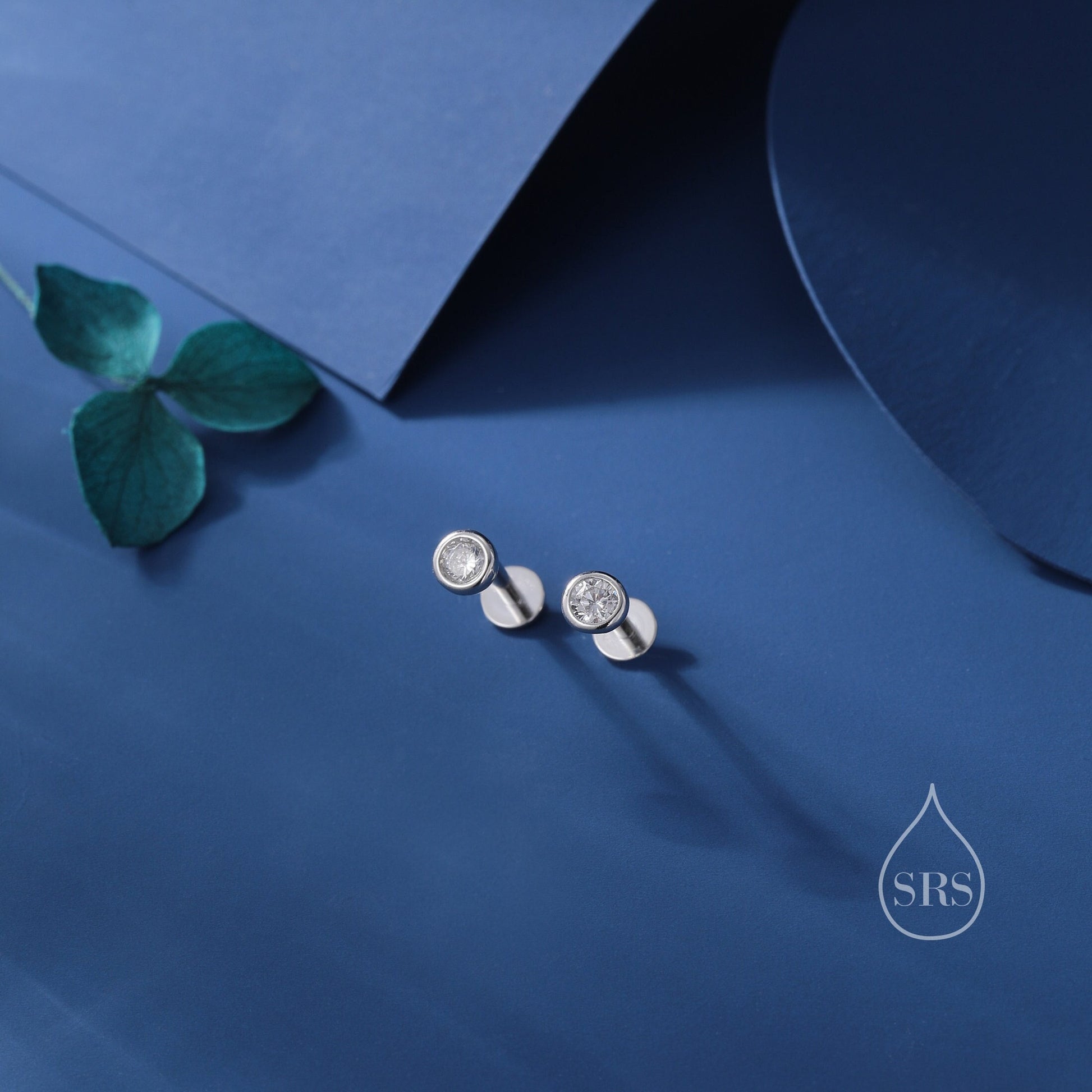 Clear CZ Bezel Internally Threaded Flat Back Earrings in Sterling Silver, Silver, Gold or Rose Gold