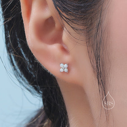 White Opal Hydrangea Screw Back Earrings in Sterling Silver - Gold or Silver - Opal Flower Earrings, Four Fire Opal Stud