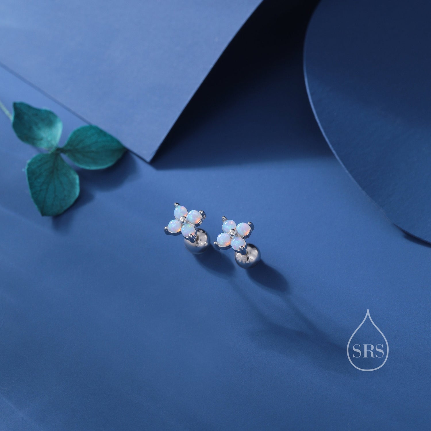 Blue Opal Hydrangea Screw Back Earrings in Sterling Silver - Gold or Silver - Opal Flower Earrings, Four Fire Opal Stud
