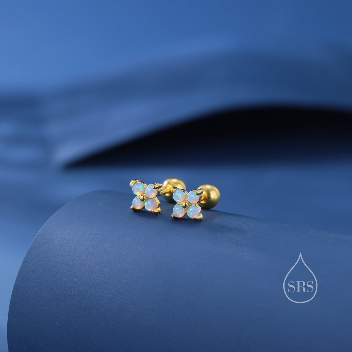Blue Opal Hydrangea Screw Back Earrings in Sterling Silver - Gold or Silver - Opal Flower Earrings, Four Fire Opal Stud