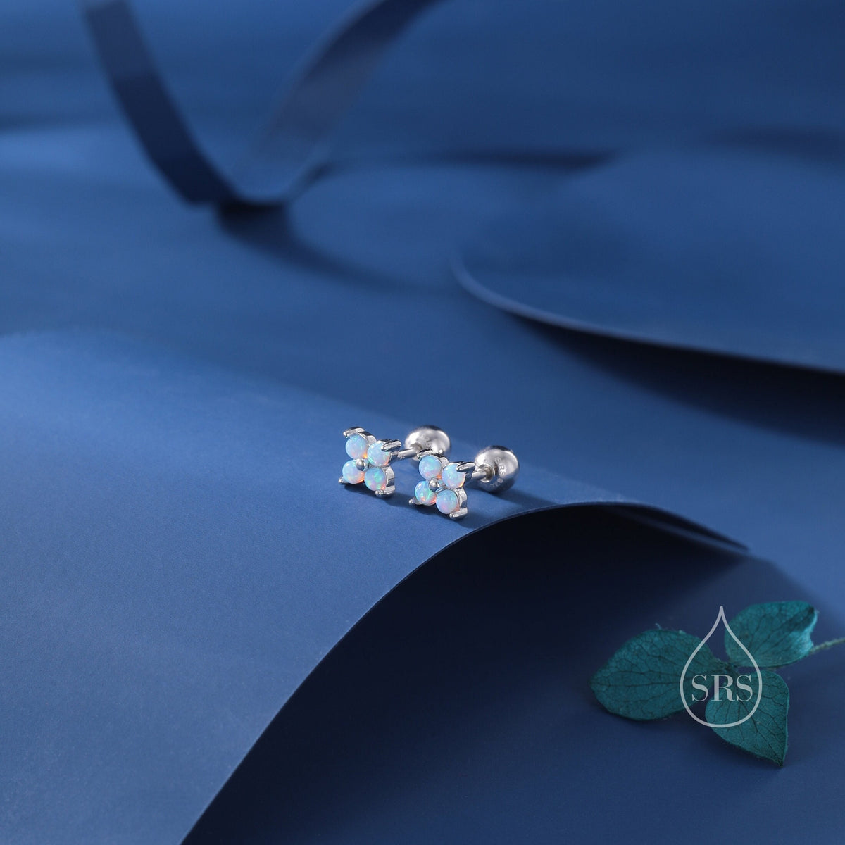 Blue Opal Hydrangea Screw Back Earrings in Sterling Silver - Gold or Silver - Opal Flower Earrings, Four Fire Opal Stud