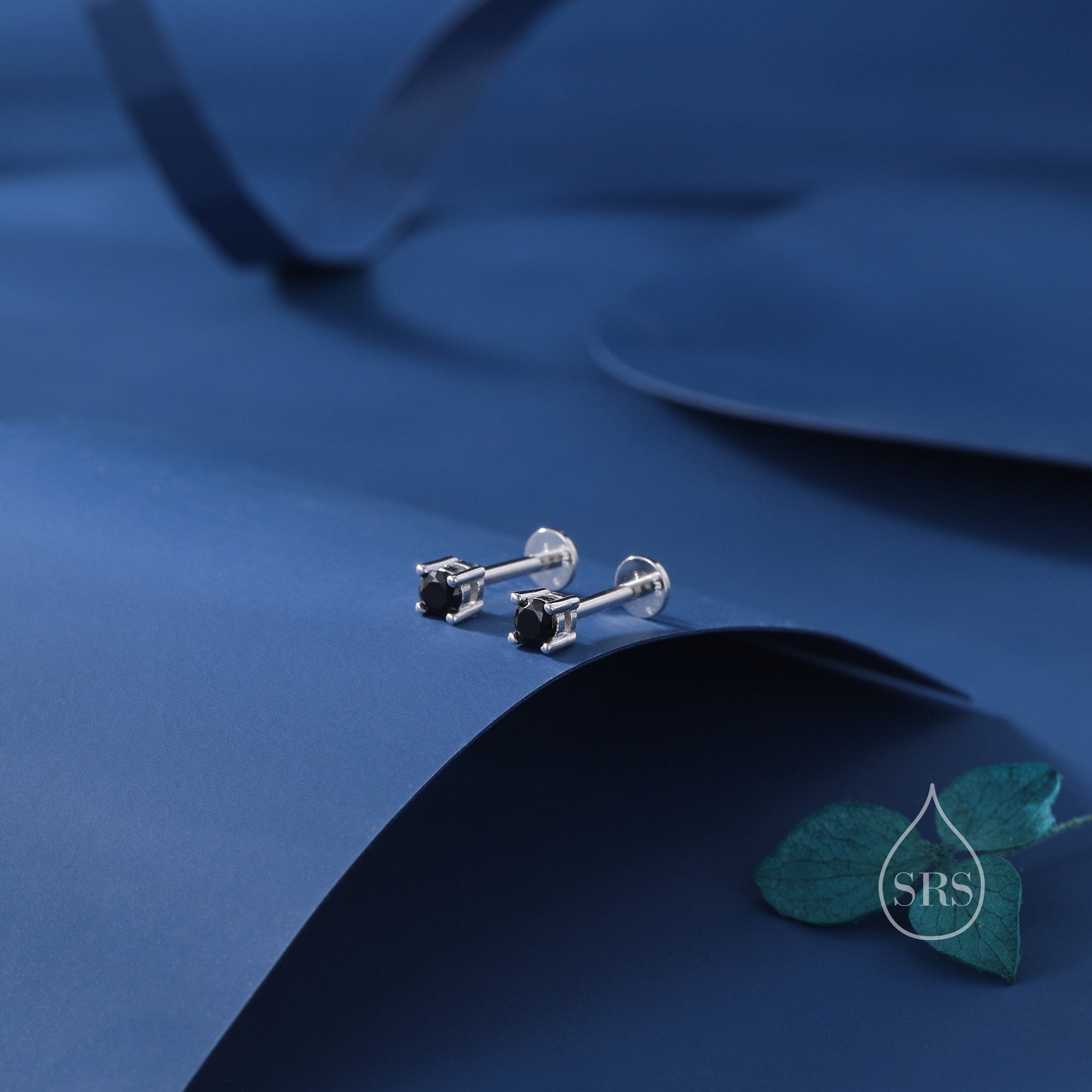 Black CZ Internally Threaded Flat Back / Screw Back Earrings in Sterling Silver,4mm CZ, Black CZ Barbell Earrings, Silver or Gold