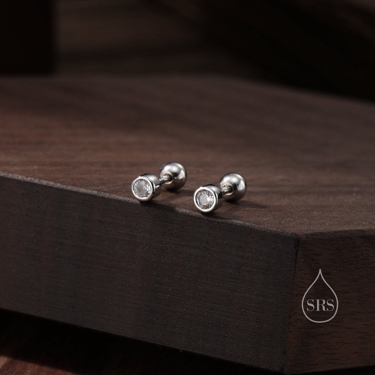 Small Pair of CZ Crystal Screw Back Earrings in Sterling Silver, Rose Gold, and Silver, ball Back Earrings - helix ,cartilage, conch, tragus