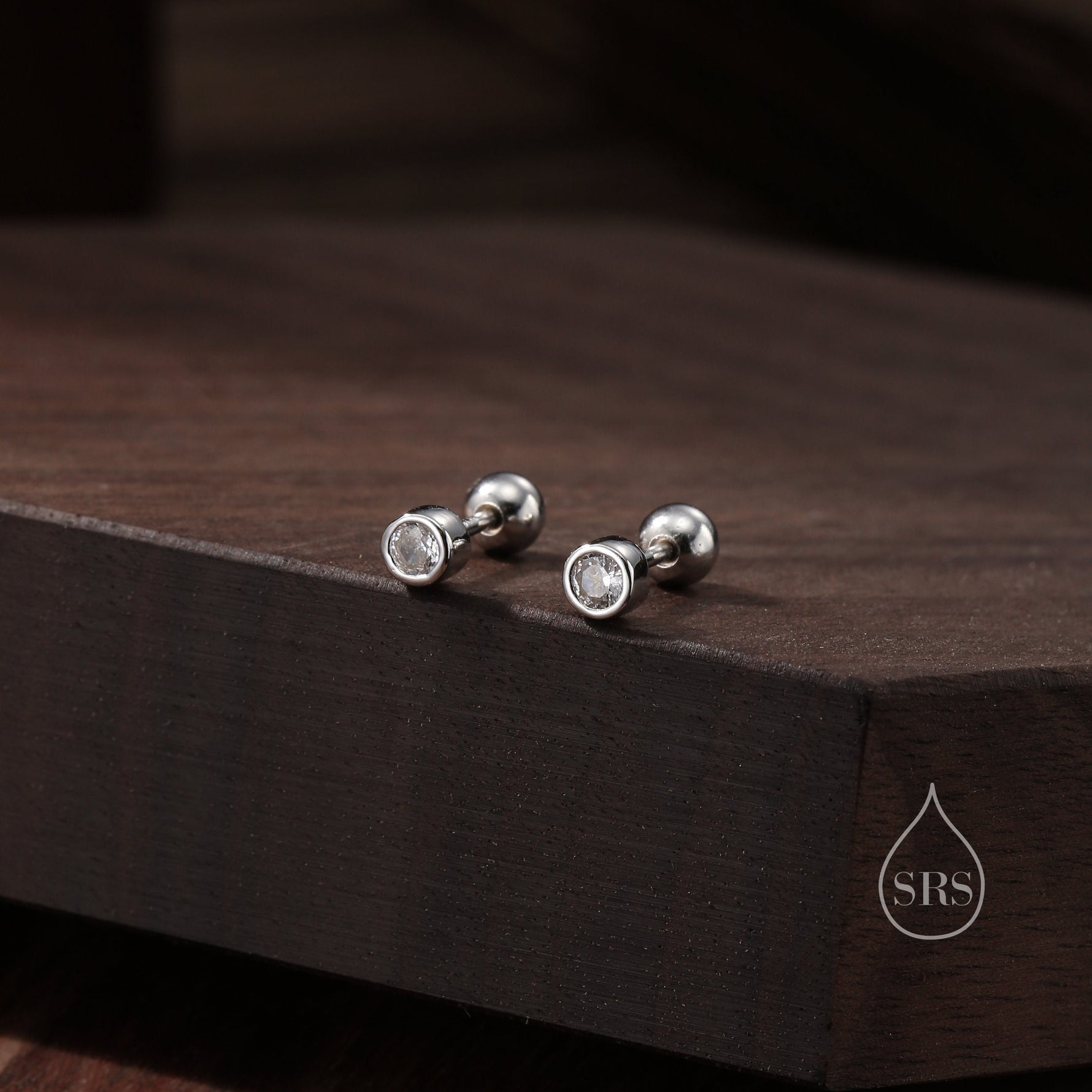 Small Pair of CZ Crystal Screw Back Earrings in Sterling Silver, Rose Gold, and Silver, ball Back Earrings - helix ,cartilage, conch, tragus