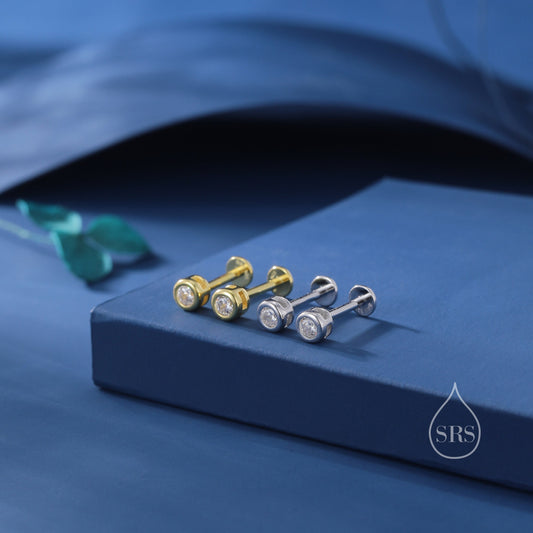 CZ Internally Threaded Flat Back / Screw Back Earrings in Sterling Silver, Rose Gold and Silver, Screw Back Earrings