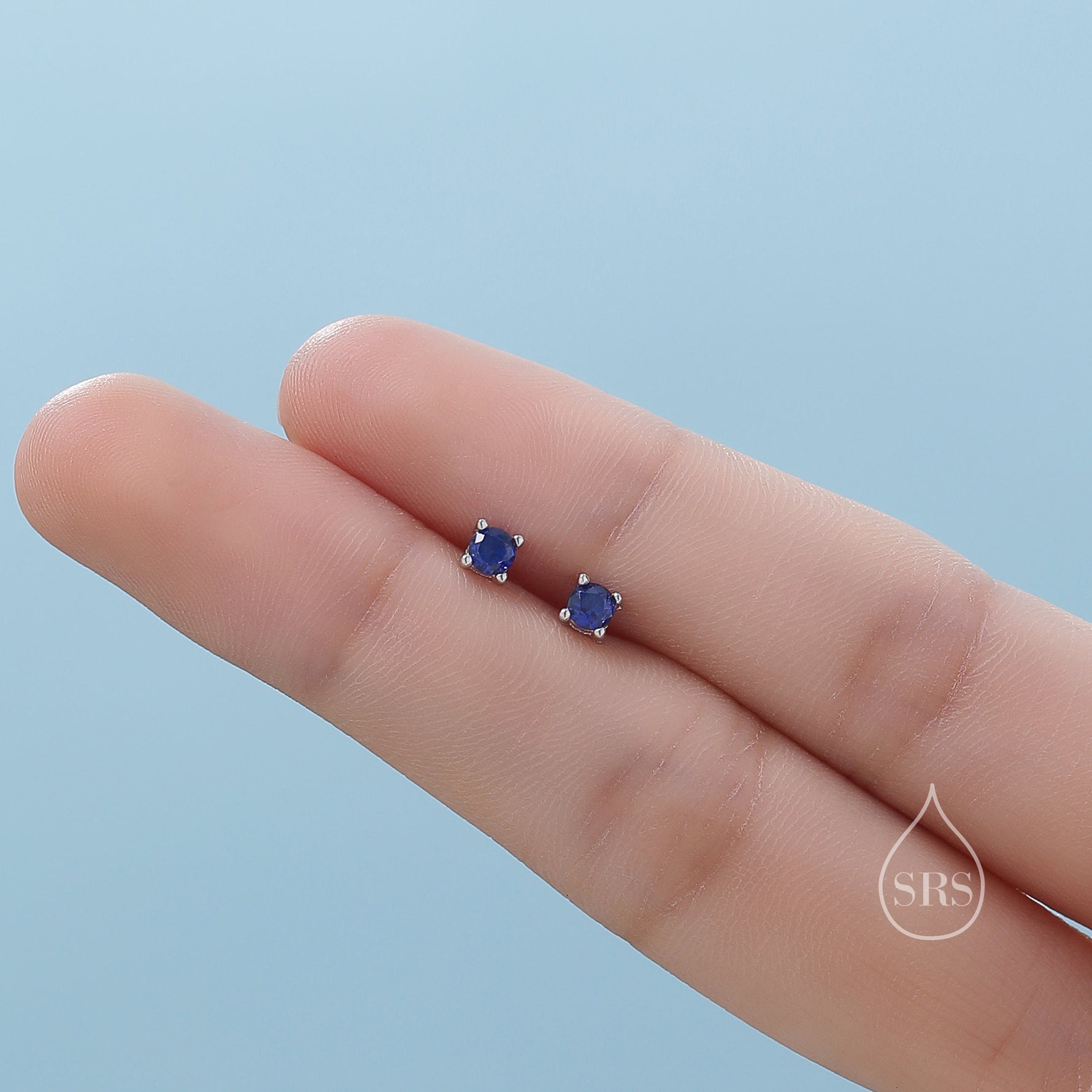 Sapphire Blue CZ 16G Internally Threaded Flat Back Earrings in Sterling Silver