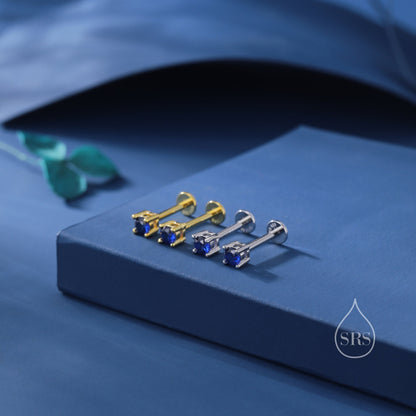 Sapphire Blue CZ Internally Threaded Flat Back / Screw Back Earrings in Sterling Silver, Silver or Gold