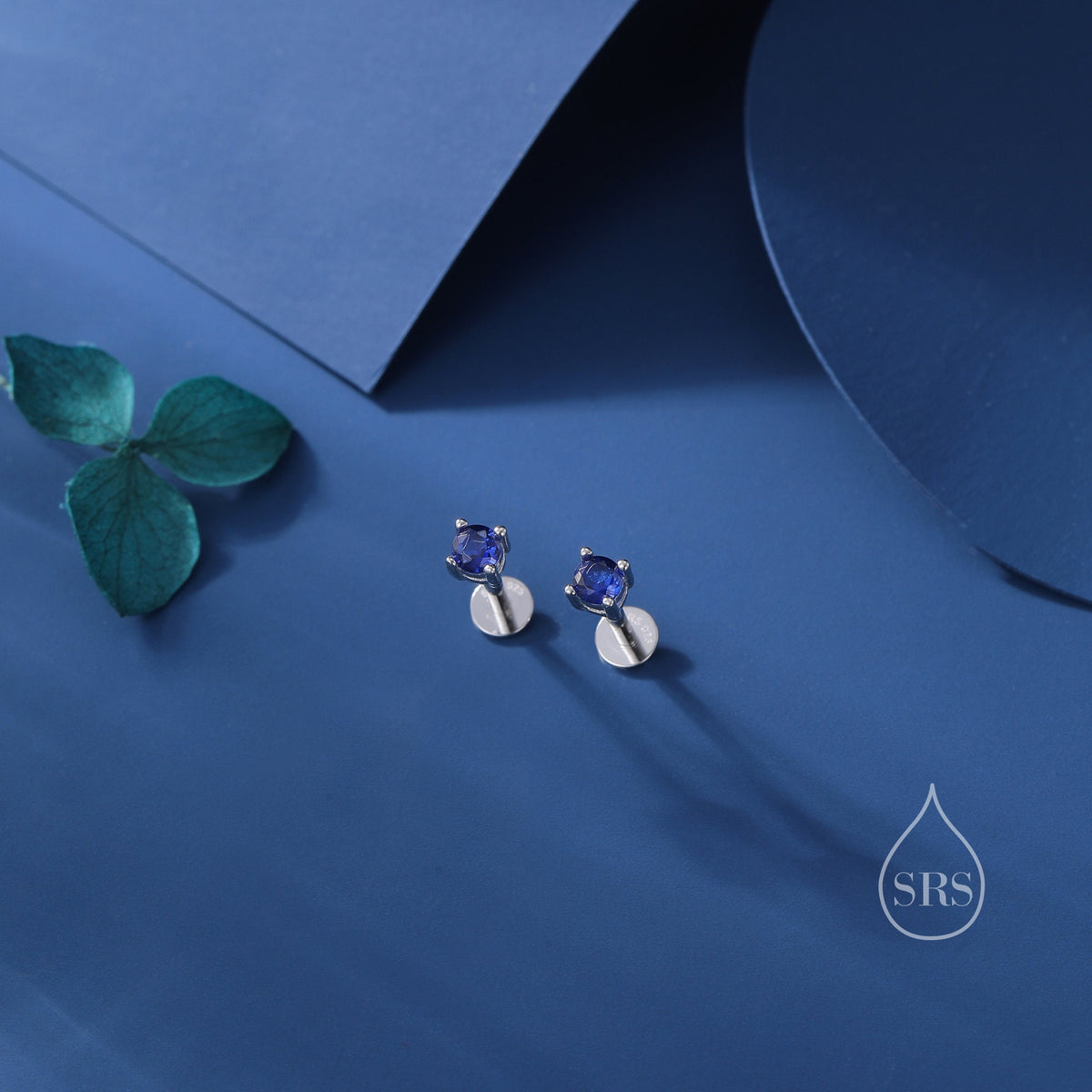 Sapphire Blue CZ 16G Internally Threaded Flat Back Earrings in Sterling Silver
